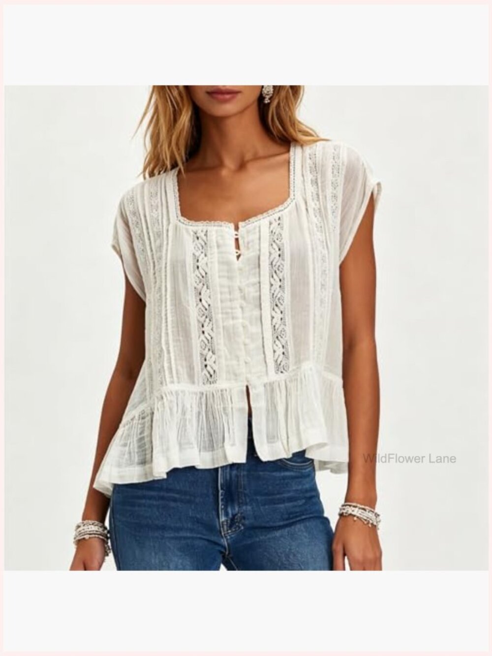 Semi Sheer Button Down Blouse Square Neck Lace Ruffle Trim Cap Sleeve Crop Top - Picture 3 of 6